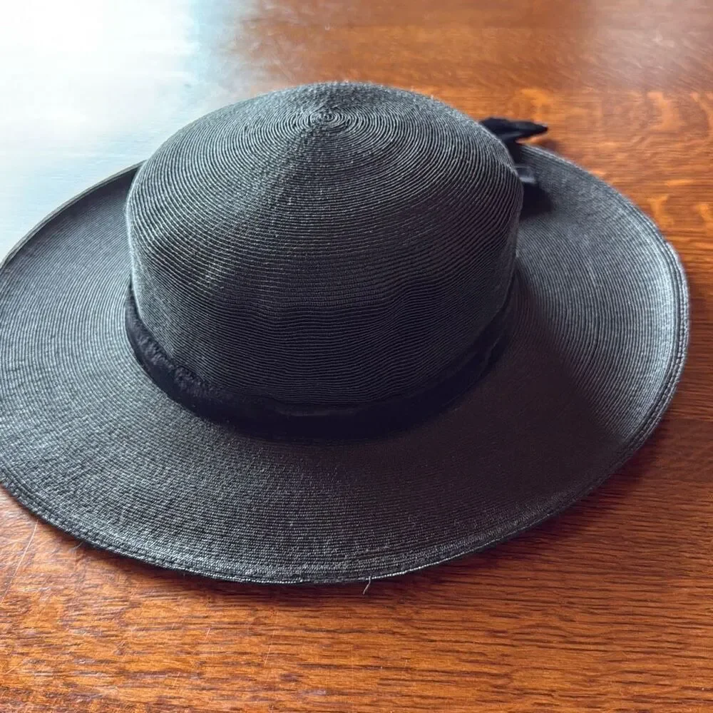 Vintage Black‎ Finely Woven Straw Hat With Black Velvet Bow Women’s Size Small - Picture 2 of 13